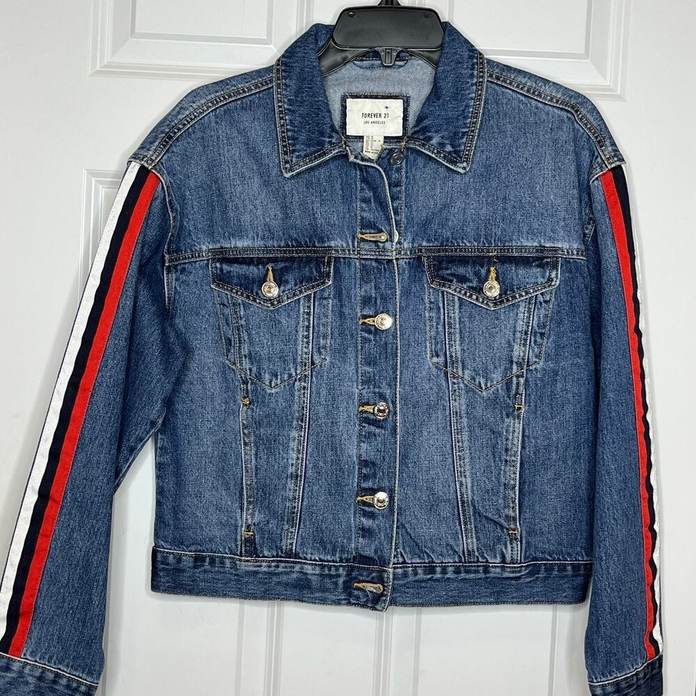Forever 21 Racing Stripe Blue Denim Jacket Medium Red White Side Tape Retro